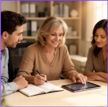 Une femme note sur un carnet et clique sur une tablette. Elle est travaille avec une femme et un homme.