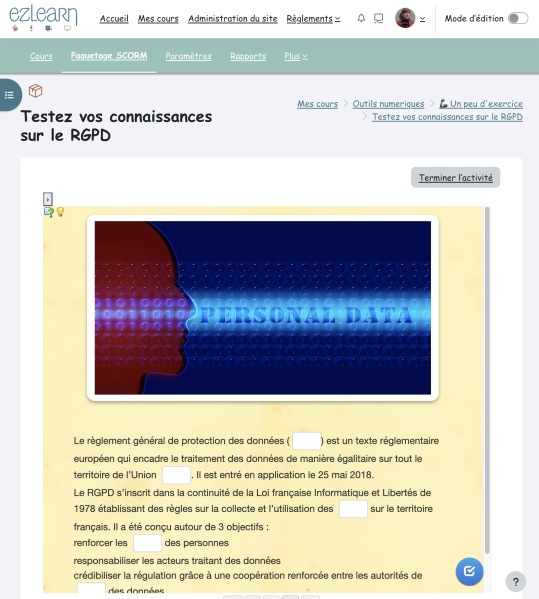 Vue &eacute;cran d&rsquo;une auto-&eacute;valuation de la Formation &laquo;&nbsp;Outils Num&eacute;riques&nbsp;&raquo;
