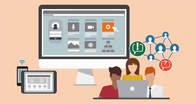 3 personnes regardent un &eacute;cran repr&eacute;sentant un LMS